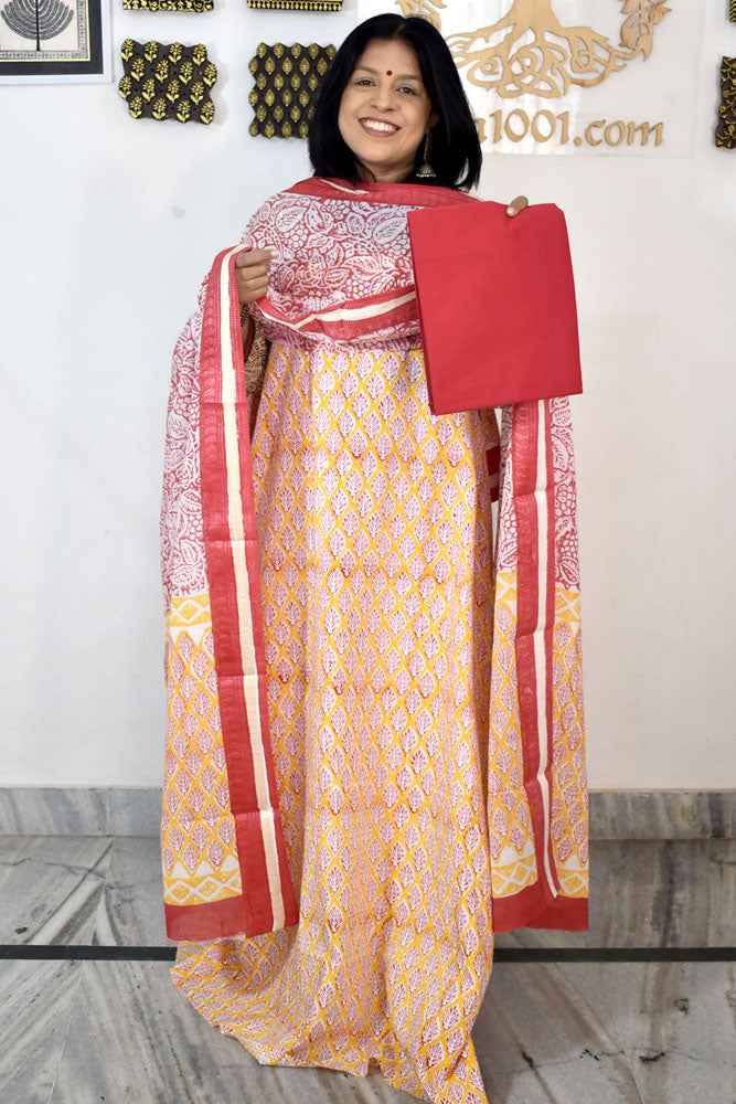 Beautiful Hand Block Printed Cotton unstitched suit fabric with Woven Borders Cotton dupatta