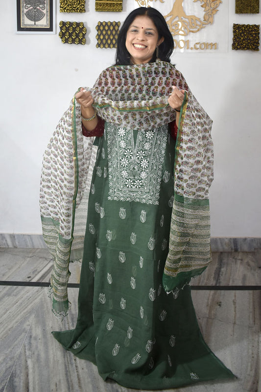 Elegant Lucknowi Chikankari Hand Embroidery work  & Block print Dupatta - 2 pc set