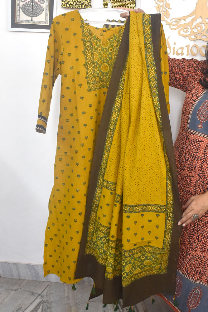 Ajrakh Hand Block Printed stitched 3 pc Cotton suit