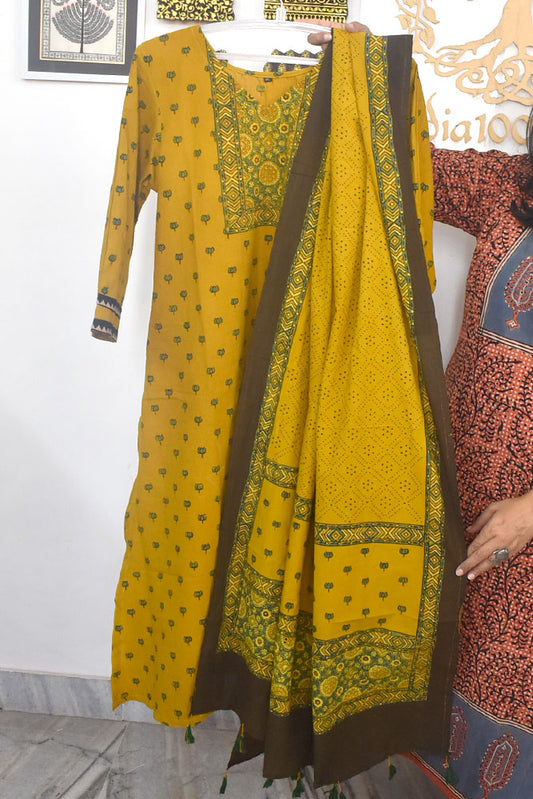 Ajrakh Hand Block Printed stitched 3 pc Cotton suit