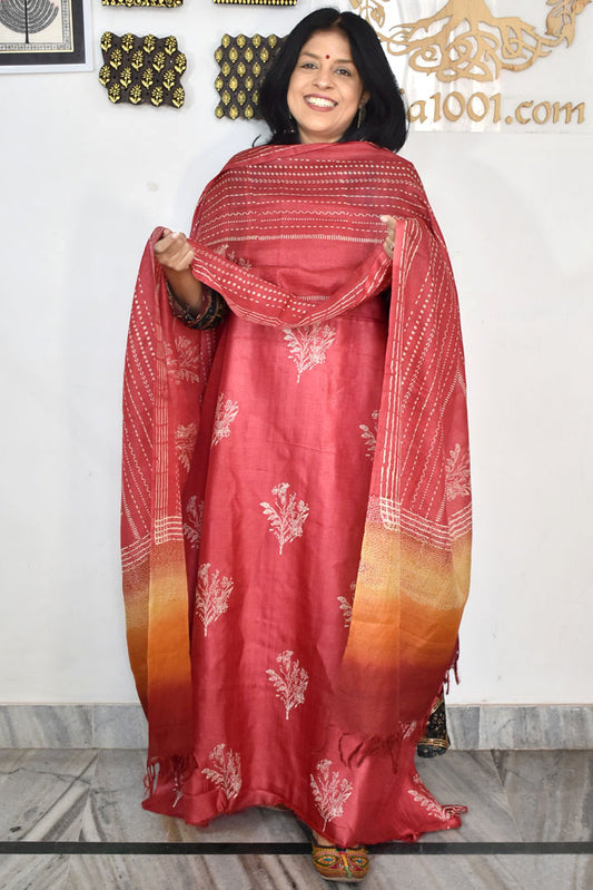 Beautiful Hand Block printed Tussar Silk Kurta Dupatta Set