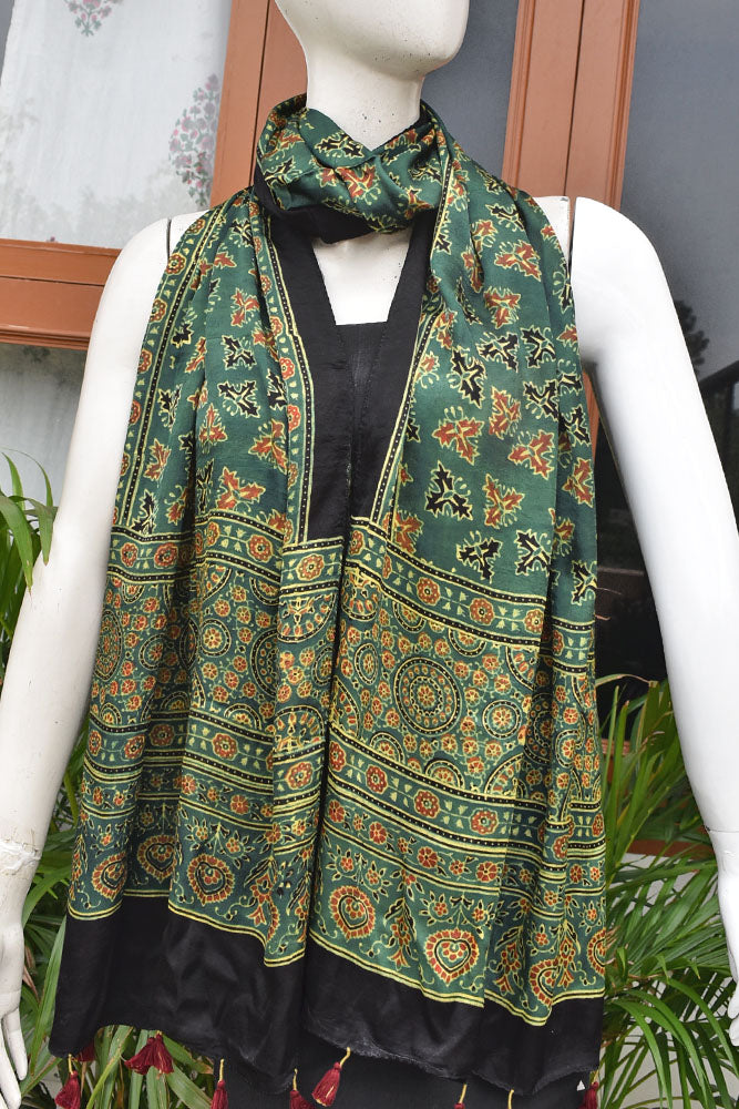 Beautiful Hand Block Printed Ajrakh Modal Silk stole with Tassels