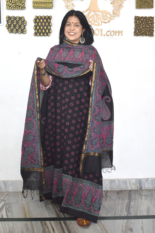 Elegant Hand Block print cotton suit with Schiffli work & Chanderi dupatta