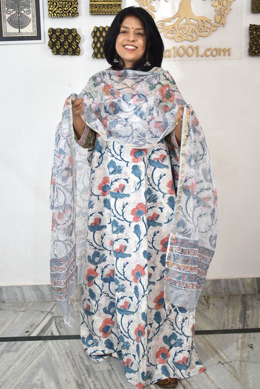 Beautiful Hand Block Printed Cotton unstitched suit fabric with Kota Doria Dupatta