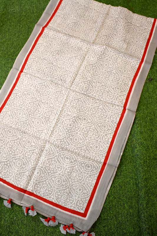 Elegant Hand block printed Cotton stole with cloth tassels