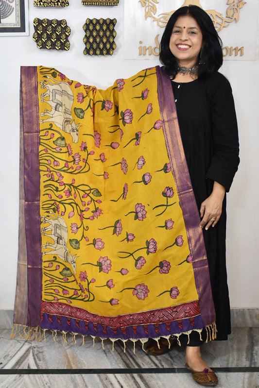 Beautiful Bangalore Cotton Silk Hand Painted Kalamkari Dupatta