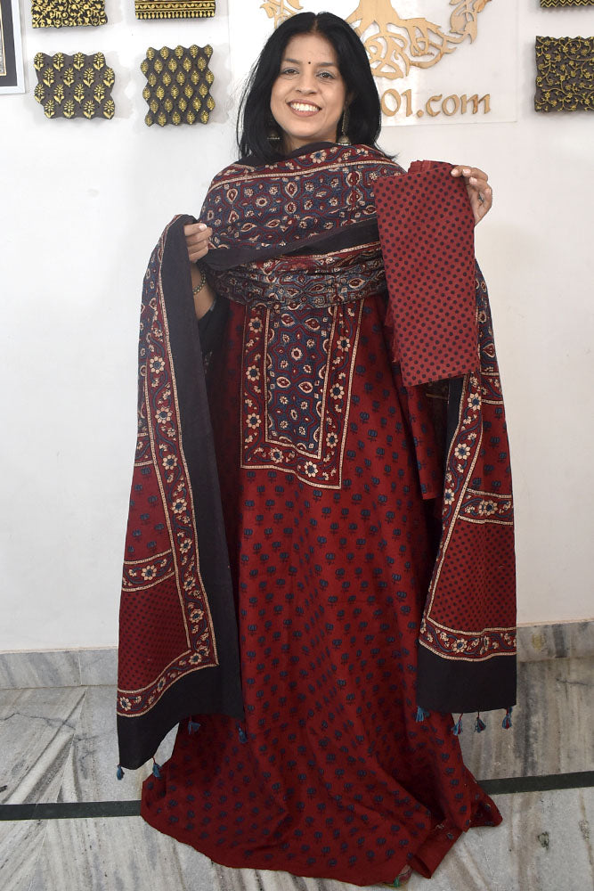 Designer Ajrakh Cotton kurta with  panel design & Cotton dupatta - 3 piece set
