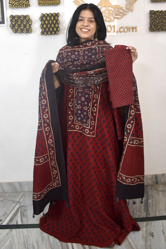 Designer Ajrakh Cotton kurta with  panel design & Cotton dupatta - 3 piece set