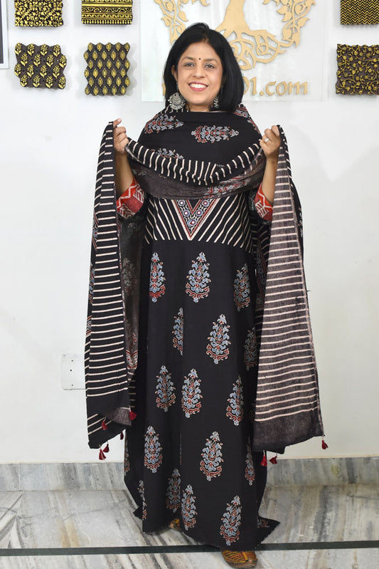 Designer Ajrakh Cotton kurta with  panel design & Mirror work & Cotton dupatta - 3 piece set