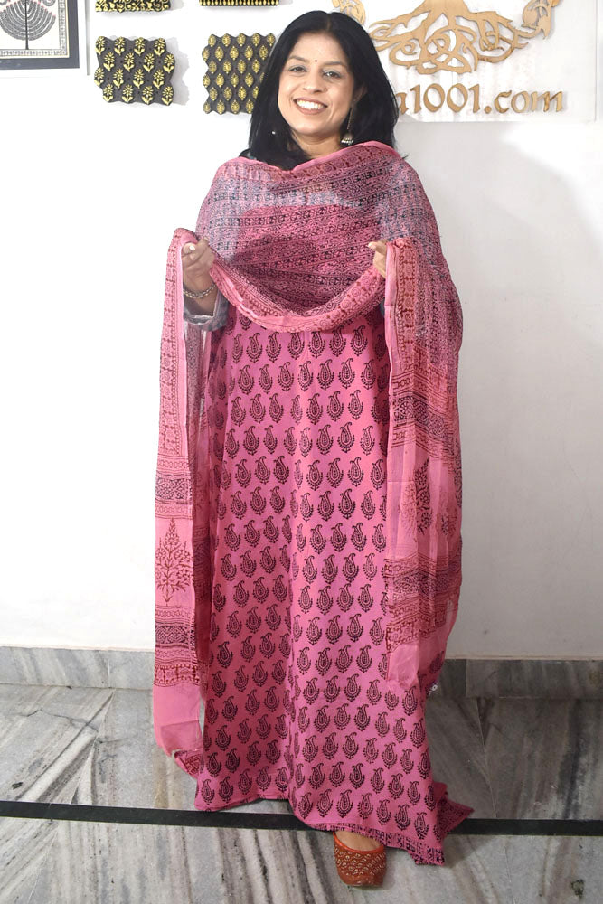 Classic Bagh Block Printed unstitched suit fabric with chiffon dupatta