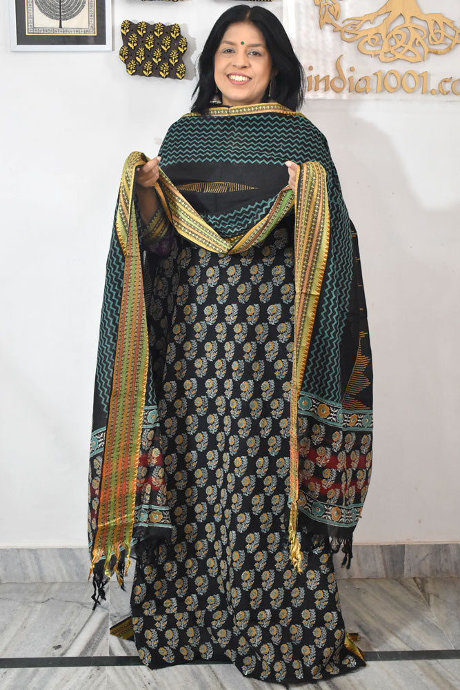 Beautiful Handwoven Chettinad & Narayanpet Cotton suit with Hand block print Dupatta