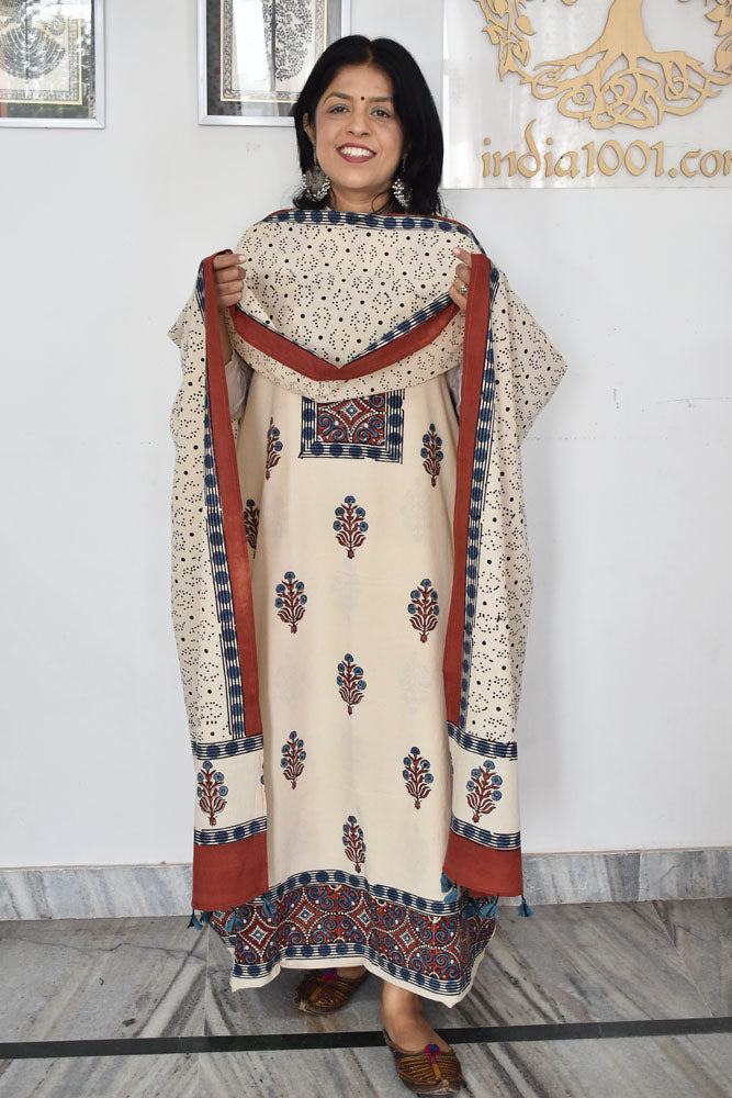 Block Print Ajrakh Cotton Suit with designer Ajrakh neck yoke /panel & Long Stole