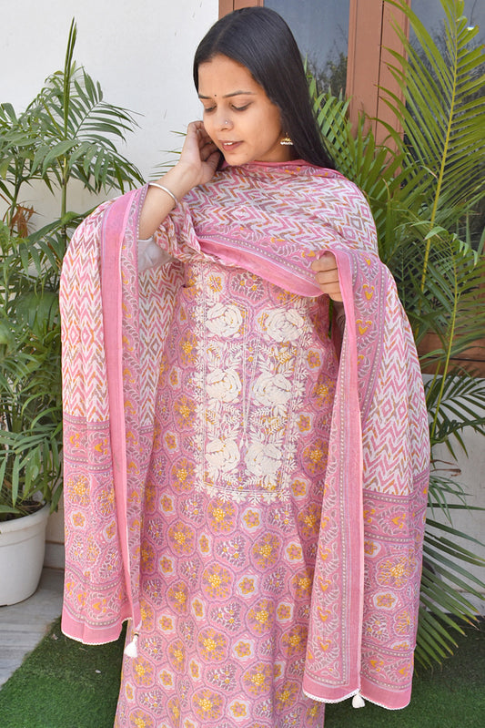 Beautiful Cotton Unstitched Suit Fabric with Embroidery & Mul cotton dupatta