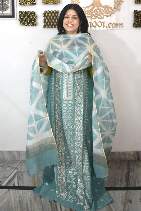 Gorgeous Mul Chanderi Kurta fabric & Dupatta set with embroidery & Cotton Bottom