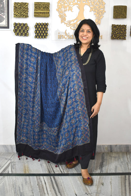 Designer Modal Silk Ajrakh Block Print Dupatta with tassels