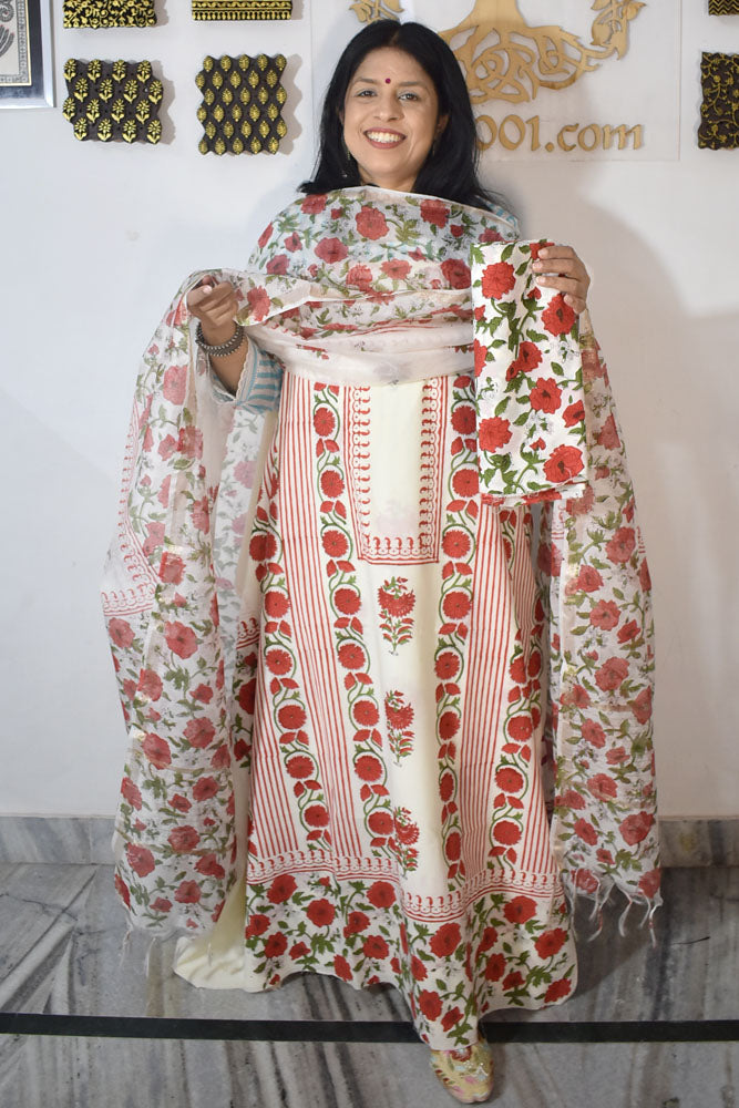 Designer Hand Block Print Cotton suit with Chanderi dupatta