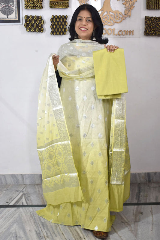 Beautiful Banarasi Chanderi cotton silk unstitched suit fabric with Woven Booties