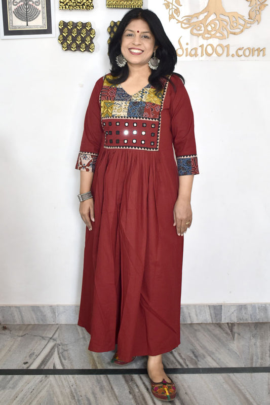 Designer Hand Block Printed Ajrakh cotton Kurta With Mirror Work - Size 38 to 46 ( all sizes)