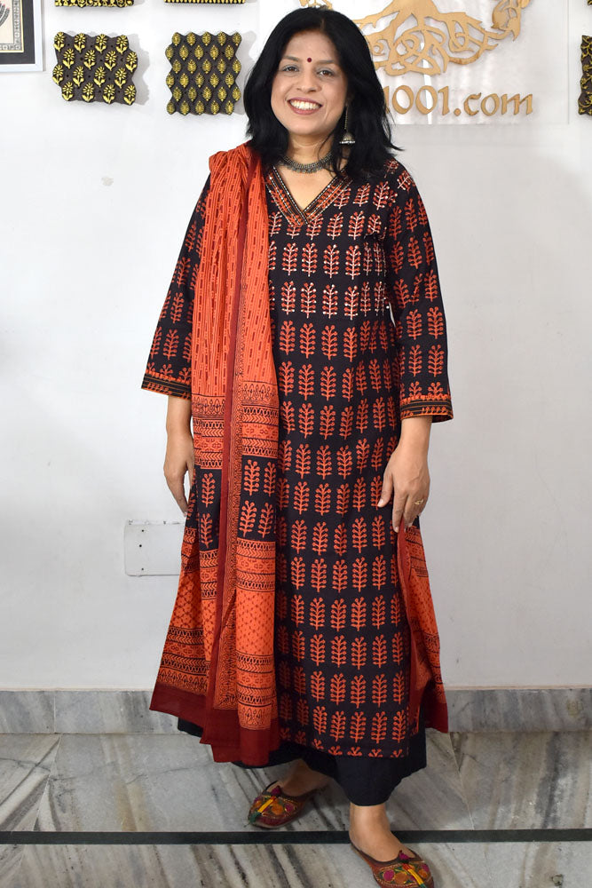 Bagh Hand Block Printed stitched 3 pc Cotton suit With Hand Embroidery - 40 size