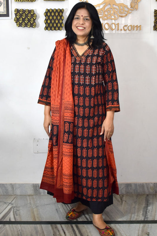 Bagh Hand Block Printed stitched 3 pc Cotton suit With Hand Embroidery - 40 size