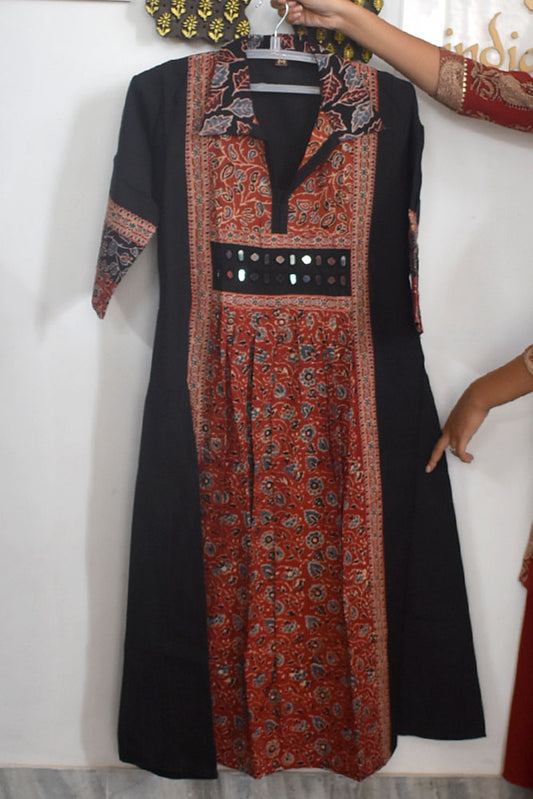 Designer Hand Block Printed Ajrakh cotton Kurta With Mirror Work - Size 38 to 46 ( all sizes)