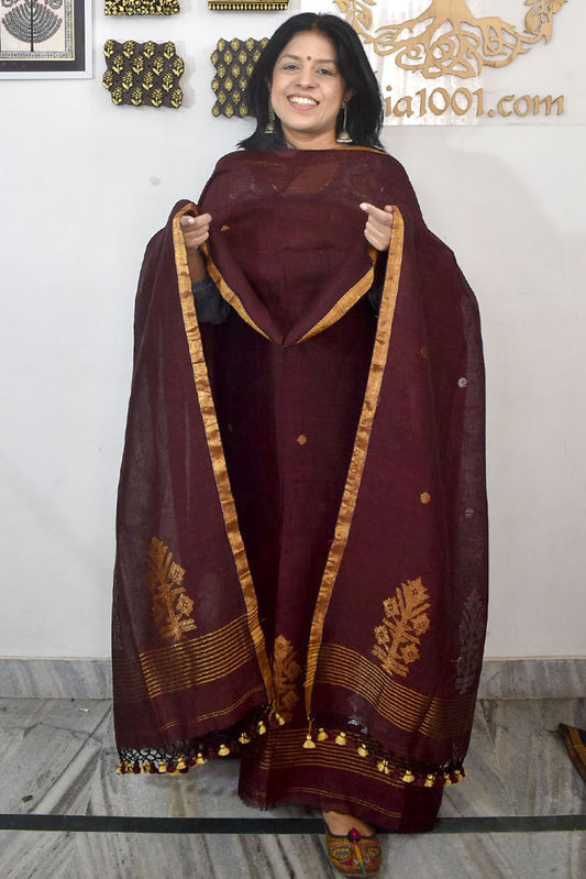 Kalakriti : Beautiful Hand Woven Pure Linen Jamdani Kurta Fabric & Dupatta set