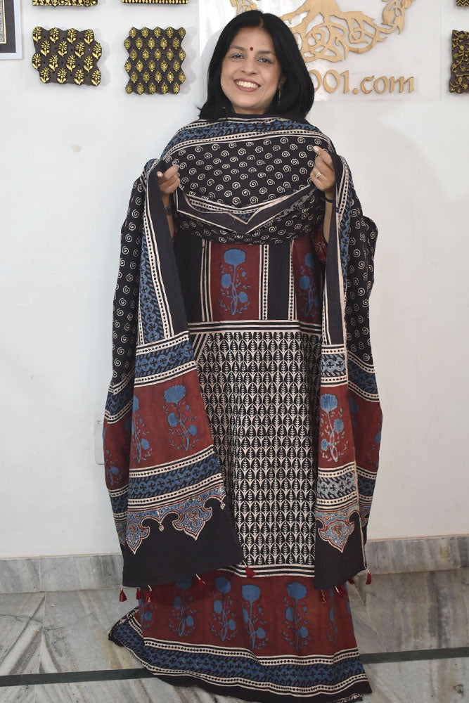 Designer Ajrakh Cotton Unstitched suit with  panel design, Ajrakh Dupatta - 2 piece set