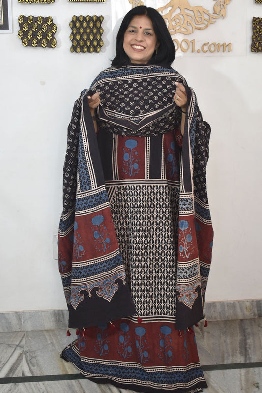 Designer Ajrakh Cotton Unstitched suit with  panel design, Ajrakh Dupatta - 2 piece set