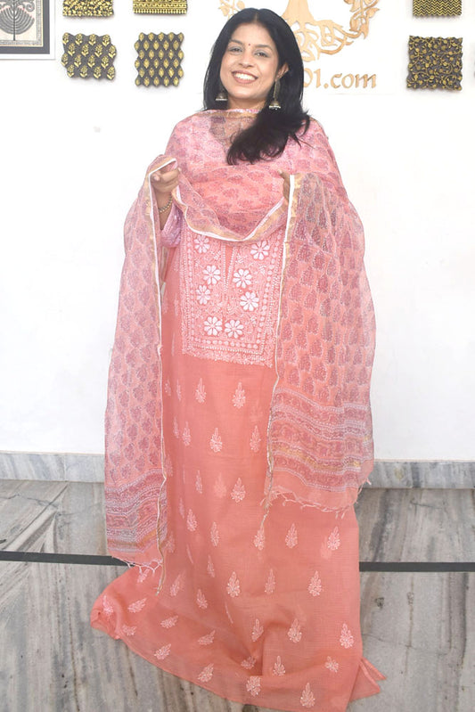 Elegant Lucknowi Chikankari Hand Embroidery work  & Block print Dupatta - 2 pc set