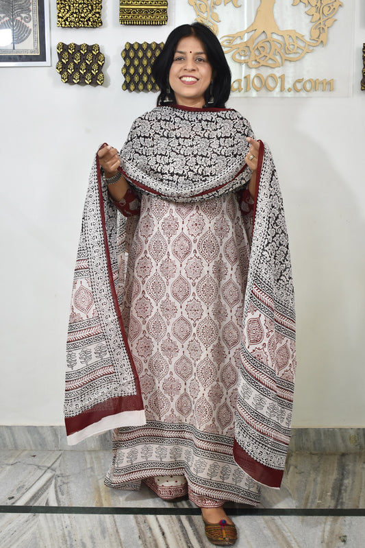 Bagh Hand Block Print Georgette Dupatta & Georgette Kurta Fabric With Cotton Bottom