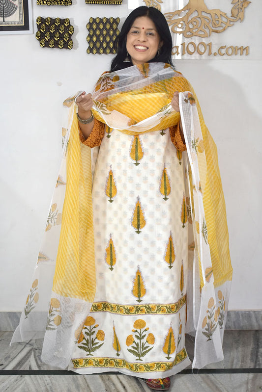 Designer Hand Block Print Cotton suit with Kota dupatta