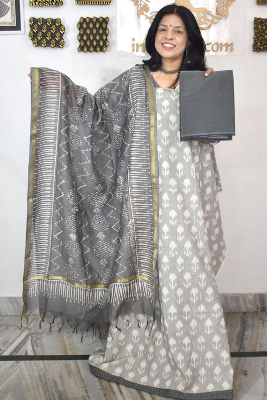 Handwoven Pochampally Cotton kurta with Chanderi Dupatta & Cotton Bottom - 3 pc set