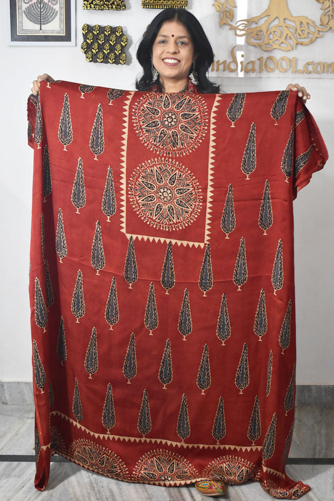 Designer Modal Silk Ajrakh Hand Block Print  Kurta Fabric - 2.5 mtrs cut