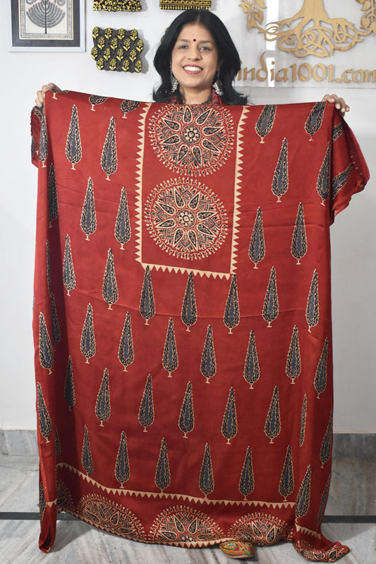 Designer Modal Silk Ajrakh Hand Block Print  Kurta Fabric - 2.5 mtrs cut