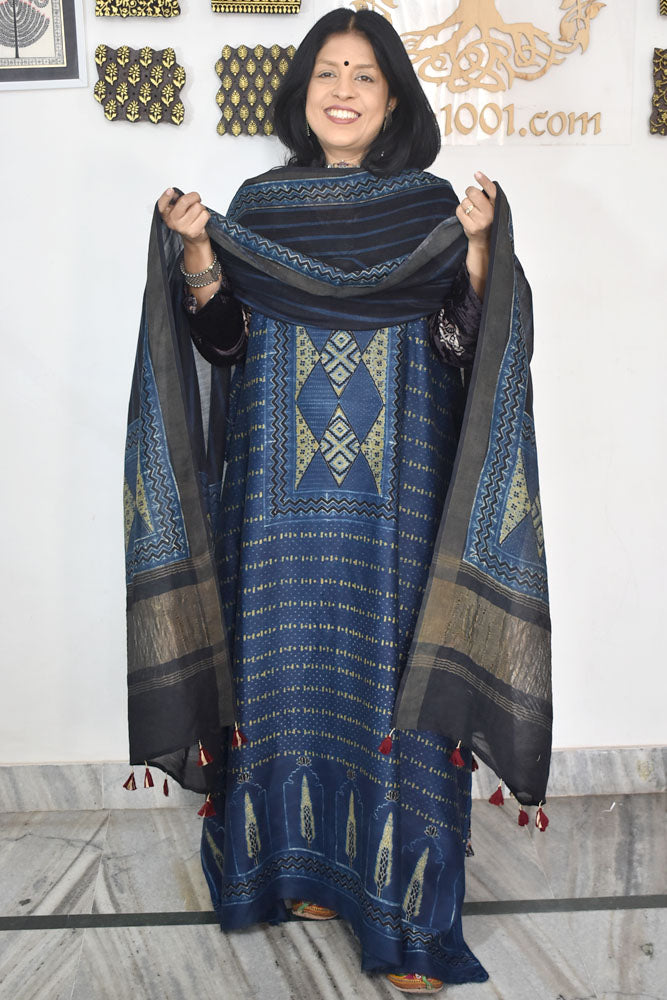 Beautiful Hand Block printed Kutch Ajrakh Chanderi Kurta and Lagdi patta dupatta set