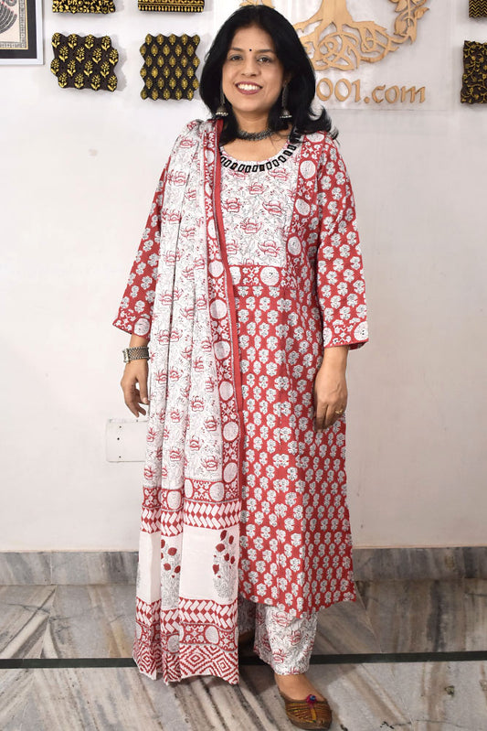 Hand Block Printed stitched 3 pc Cotton suit with Kutch Mirror Work Size  - 42