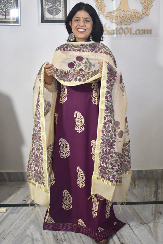 Elegant Hand Block print cotton suit with Chanderi dupatta