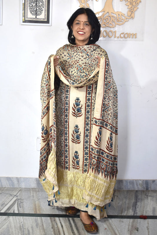 Designer Ajrakh Modal Silk kurta &  dupatta  set with Nakkshi palla