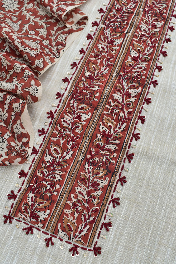 Premium Cotton Unstitched Suit with Bagru patch, Intricate Hand Embroidery & Bagru Cotton dupatta
