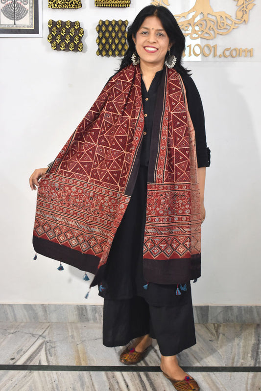Ajrakh Hand Block Printed Khadi Cotton Stole with Tassels & natural dyes