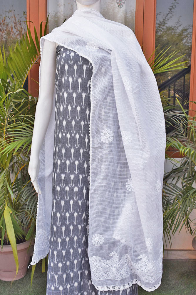 Elegant  Hand Woven Grey Ikkat Cotton fabric with White Hand Chikankari work dupatta - 2 pc set