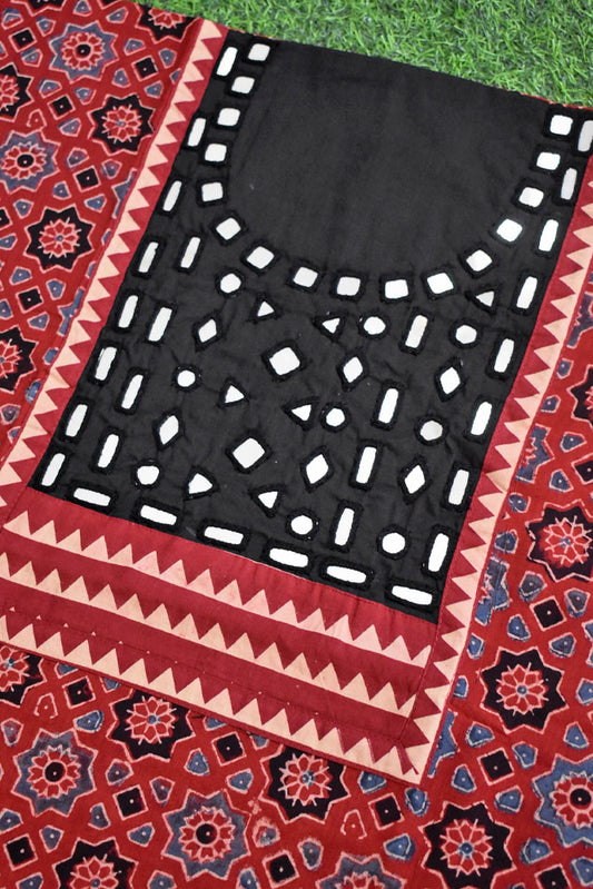Designer Ajrakh Cotton Short Kurta Fabric with Kutch Mirror Work patch