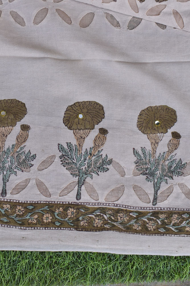 Hand Block Printed Cotton Suit with Hand applique work & Kota dupatta