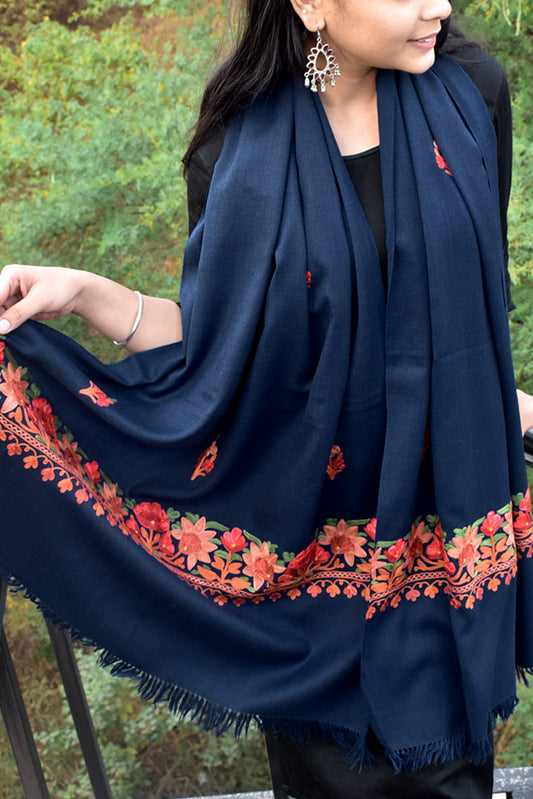 Elegant, Fine & Soft Semi Pashmina Woolen Stole with Aari work Embroidery