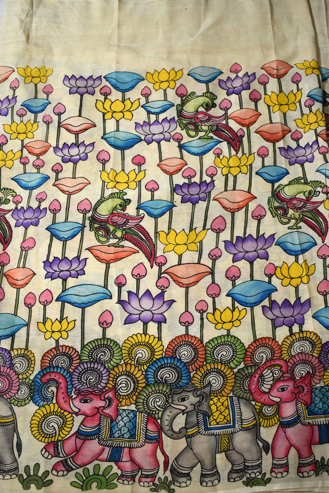 Beautiful Hand Painted Pen Kalamkari  Bangalore Silk Fabric - 2.5 mtrs cut