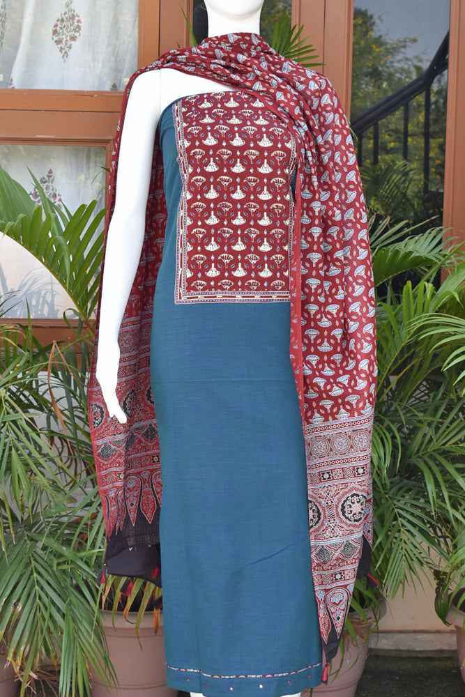 Premium Blue-Green Cotton Unstitched Suit with Ajrakh patch, Intricate Hand Embroidery & barmer Ajrakh dupatta