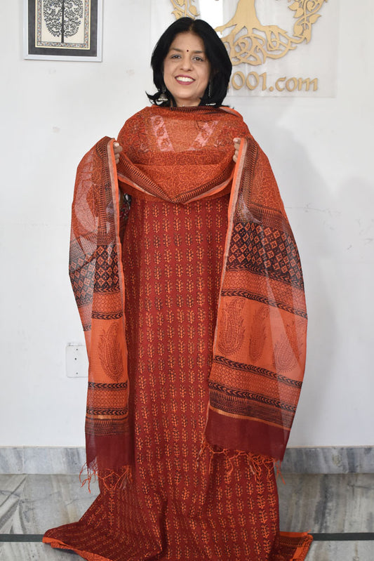 Classic Bagh Block Printed unstitched suit fabric with Kota Doria dupatta