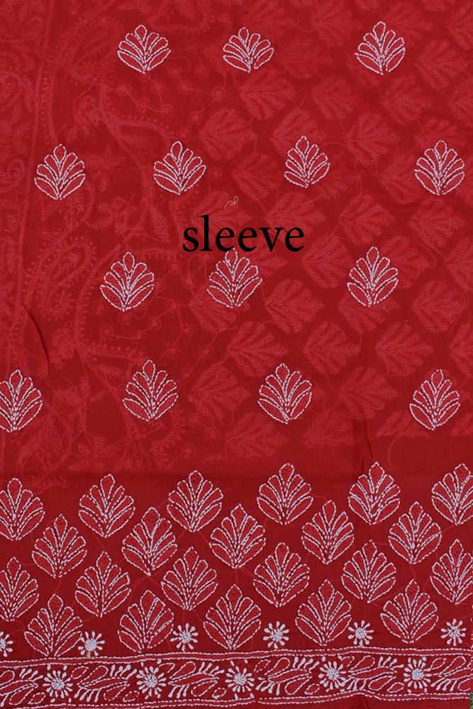 Premium Hand Embroidered Chikankari work Voile fabric - Vermilion Red