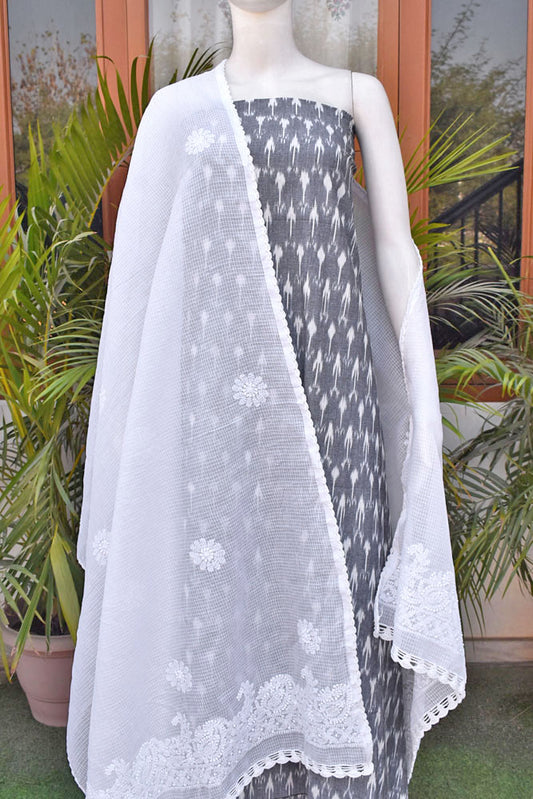 Elegant  Hand Woven Ikkat Cotton fabric with White Hand Chikankari work dupatta - 2 pc set