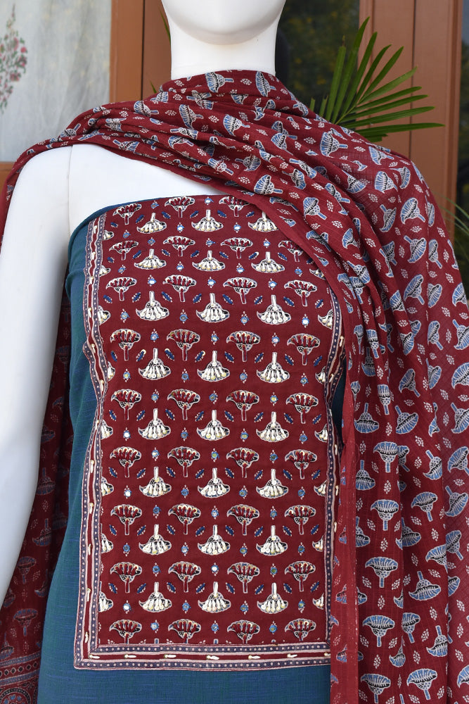Premium Blue-Green Cotton Unstitched Suit with Ajrakh patch, Intricate Hand Embroidery & barmer Ajrakh dupatta